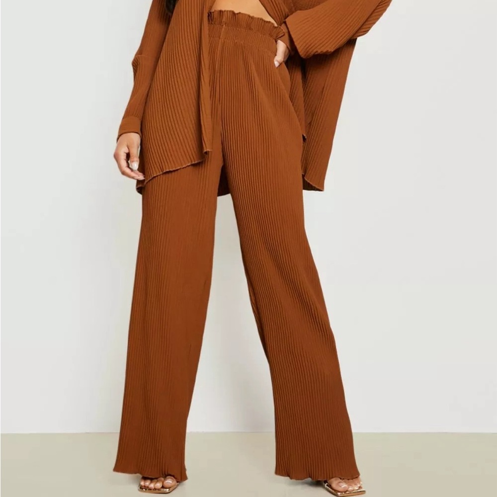 Tan pleated paperbag palazzo pants